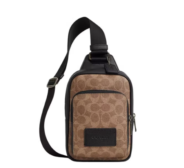 蔻驰（COACH）男士迷你单肩斜挎包胸包经典老花 卡其色配黑色